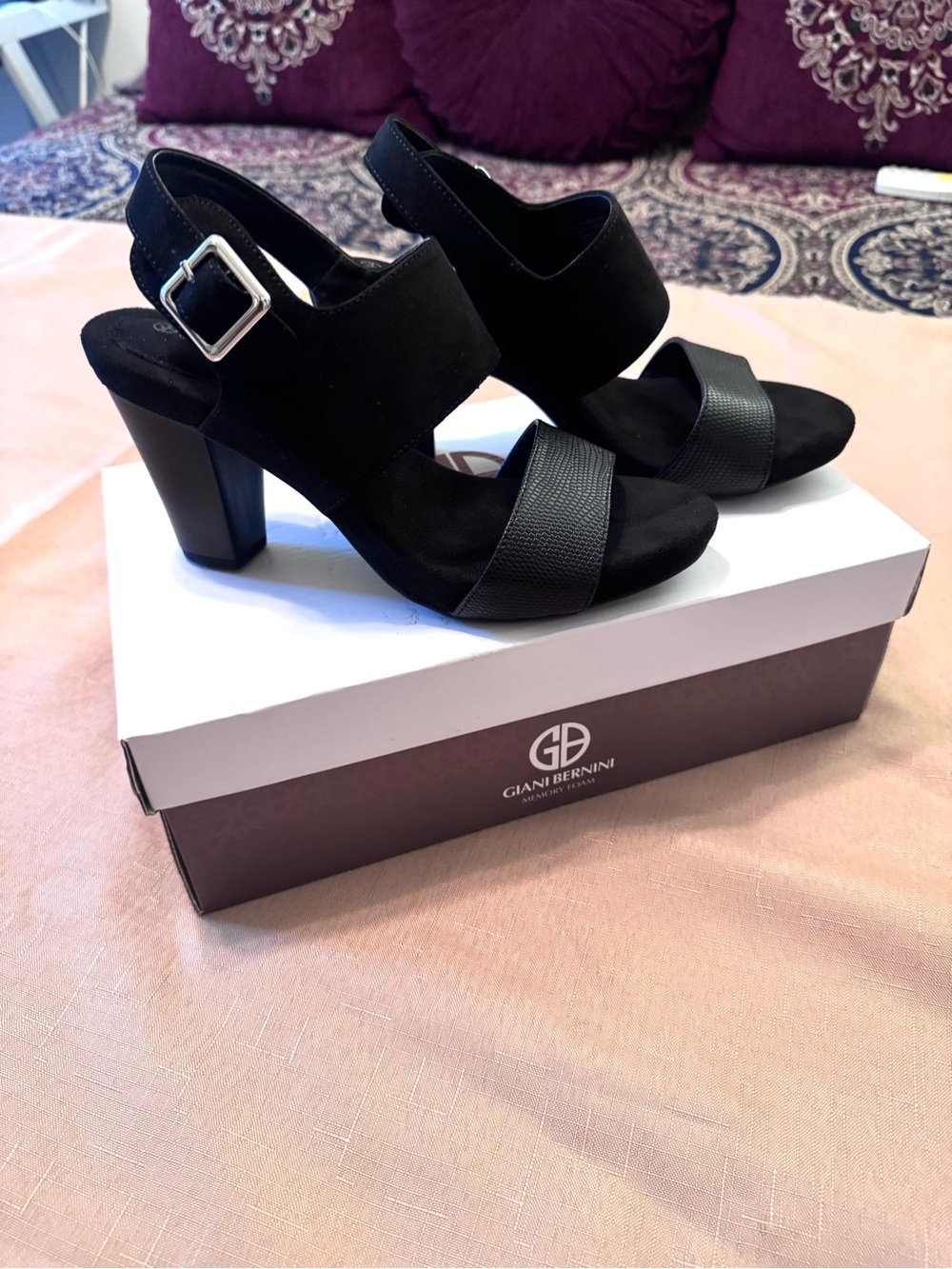 Giani Bernini Black Suede Block Heel Sandals with Buckle